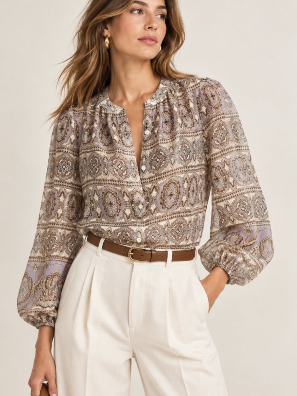 Veronica Beard Ashlynn Top Linen Silk Blouse Stone Khaki Multi